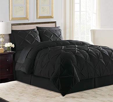 All American Collection 8 PC Soft Comfy Plush Pintuck Microfiber Comforter Set for Living Room Hotel Loft with Bedskirt Flat & Fitted Sheets Pillow Cases & Shams (Queen, Black)