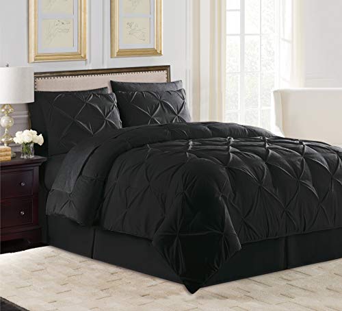 All American Collection 8 PC Soft Comfy Plush Pintuck Microfiber Comforter Set for Living Room Hotel Loft with Bedskirt Flat & Fitted Sheets Pillow Cases & Shams (Queen, Black)